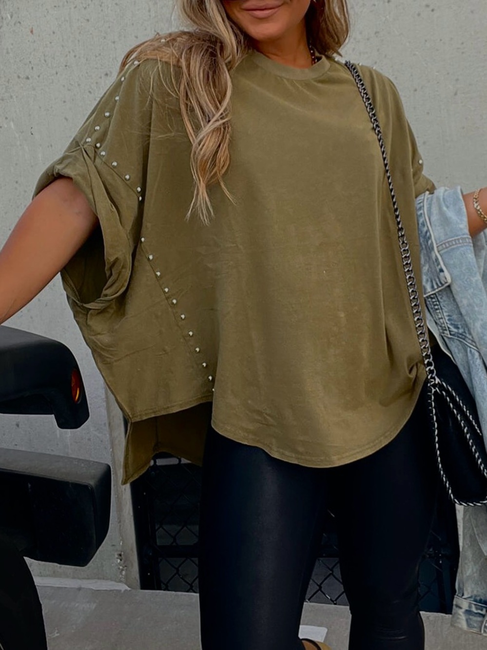 Relaxed Olive Short-Sleeve Tee with Stud Detail
